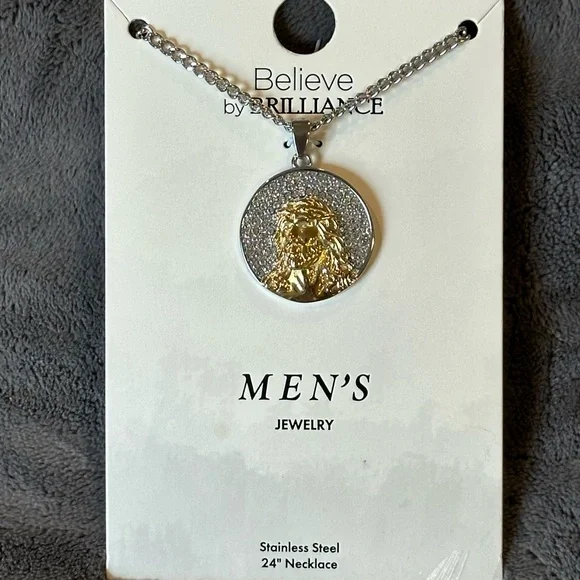 Men's Stainless Steel Crystal Religious Medallion Pendant 24”✨NWT✨ - Picture 1 of 7